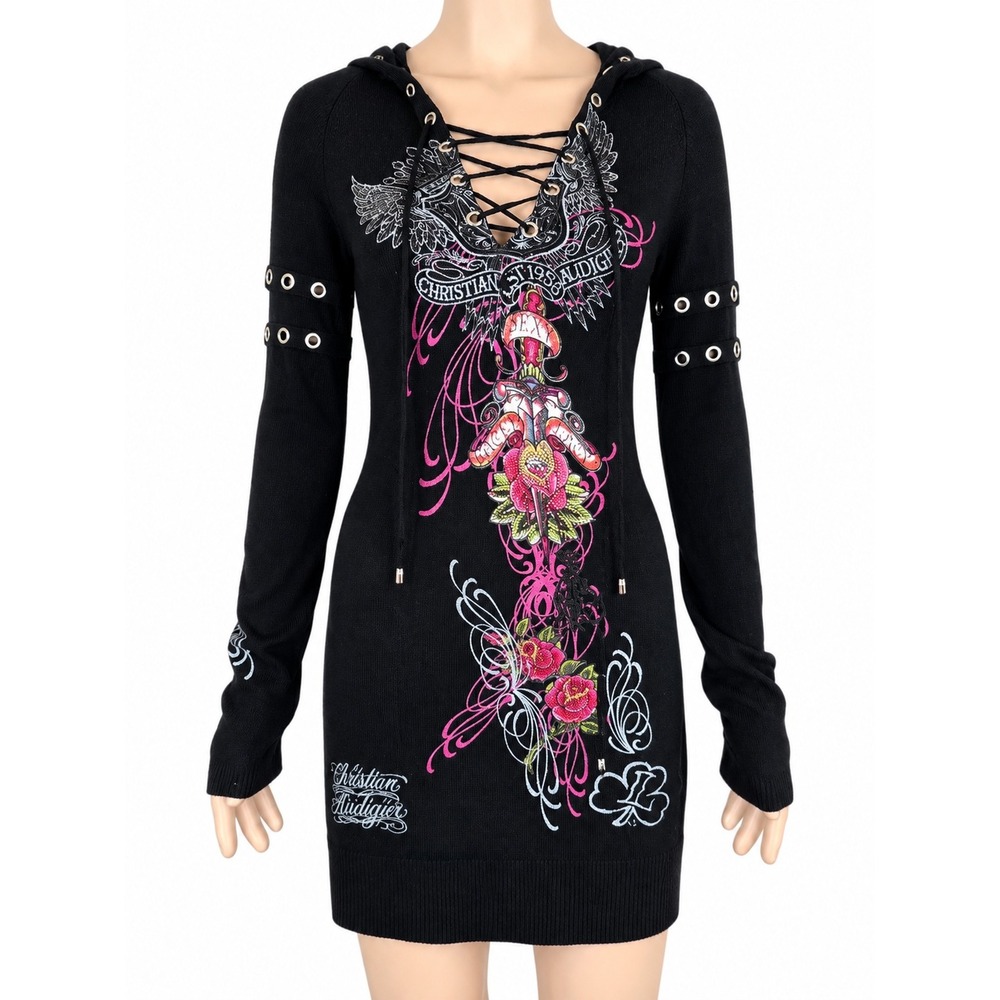 Christian Audigier Y2K Hooded Sweater Dress S Tattoo Graphic Rhinestone Lace Up